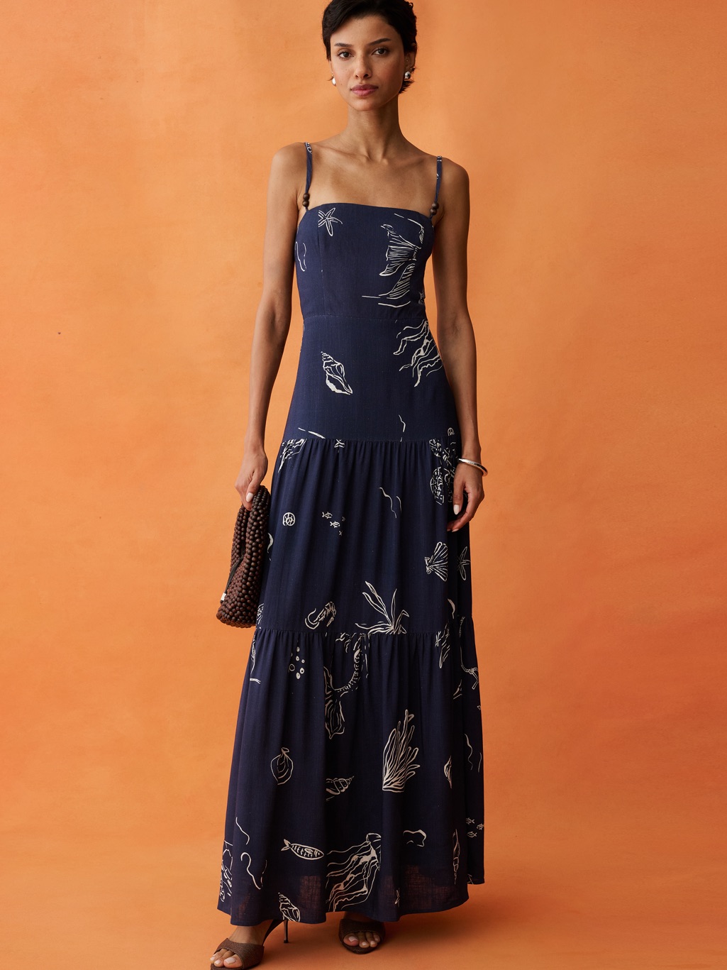 Caara Sleeveless Navy Botanical Print Tiered Maxi Dress Nwt Sz 0